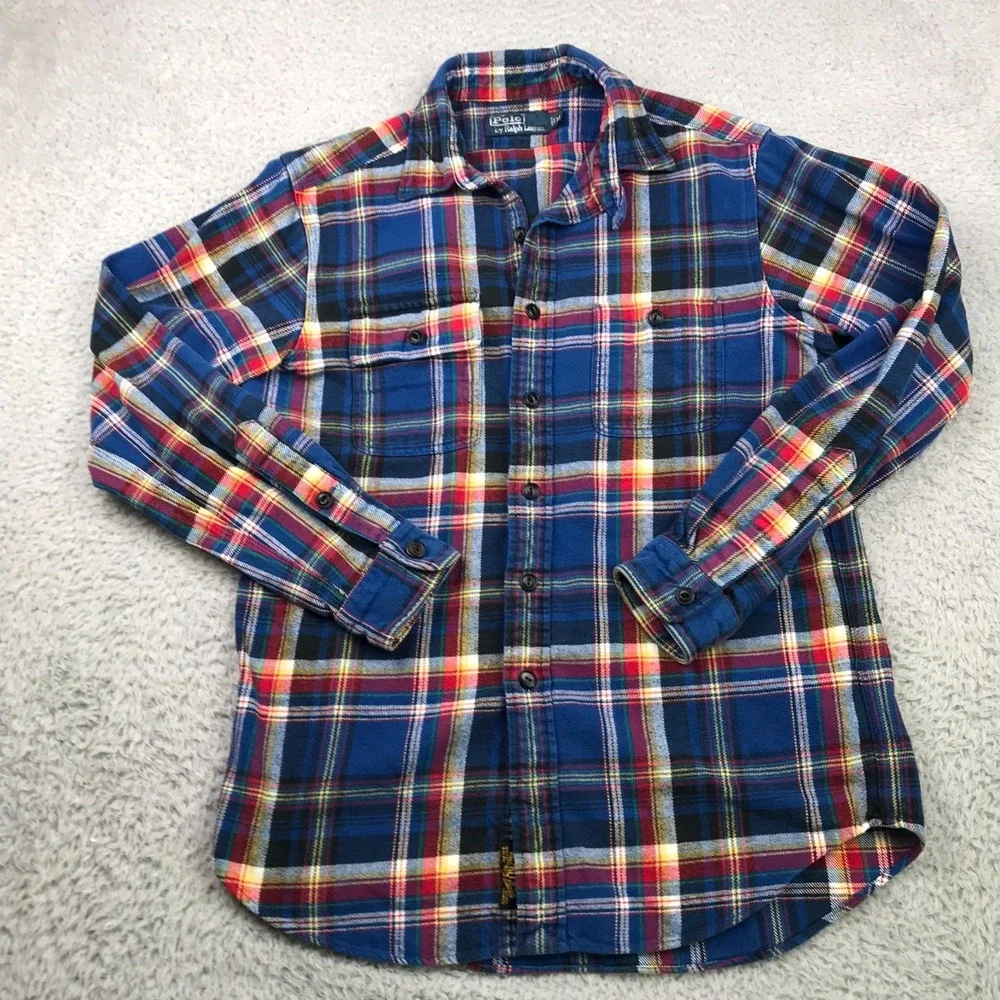 Polo Ralph Lauren Shirt Mens M Blue Plaid Flannel Button Up Pocket Long Sleeve